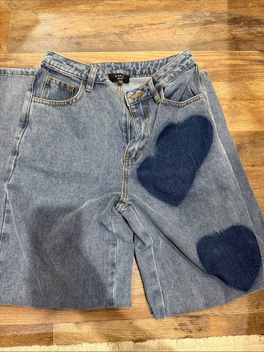 Vici Light Blue Denim Boyfriend Jeans with Dark Blue Heart Accents